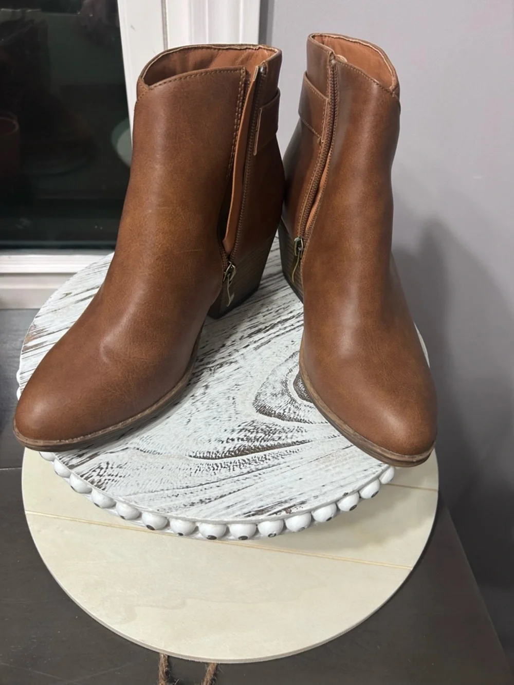 Classic Tan Faux Leather Ankle Booties with Side Zip - Picture 4 of 6
